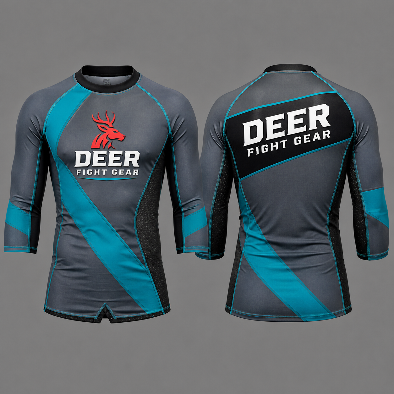 Steel Gray Teal Asymmetric Three-Quarter Rash Guard