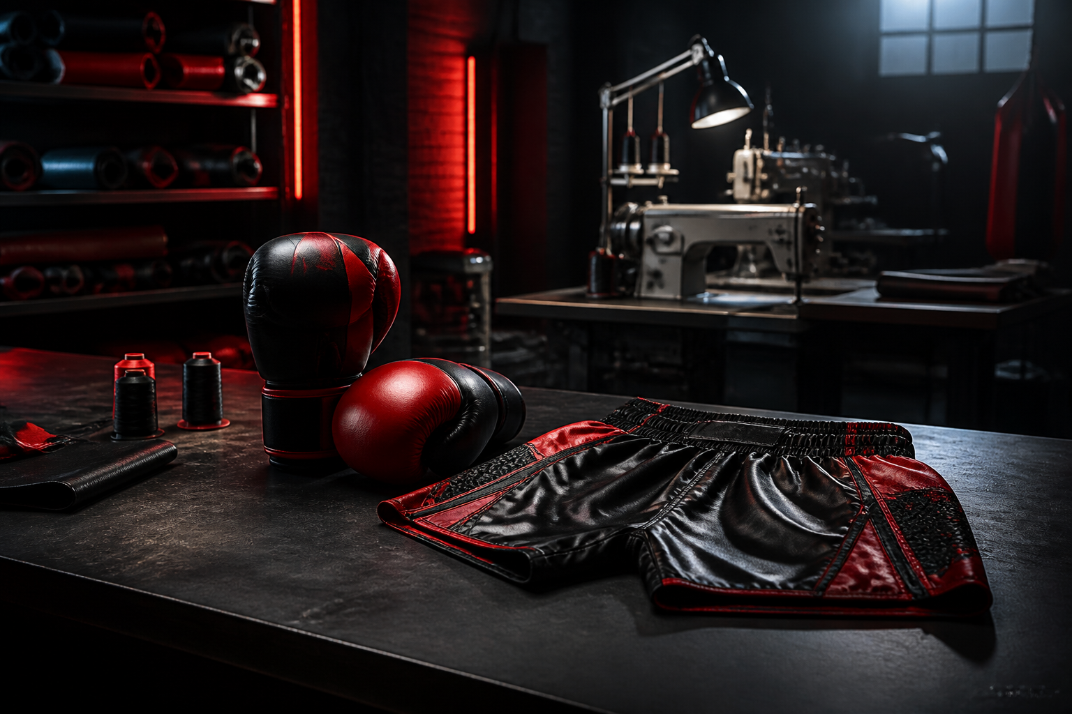 Red and black boxing gloves and MMA shorts in the Deer Fight Gear workshop