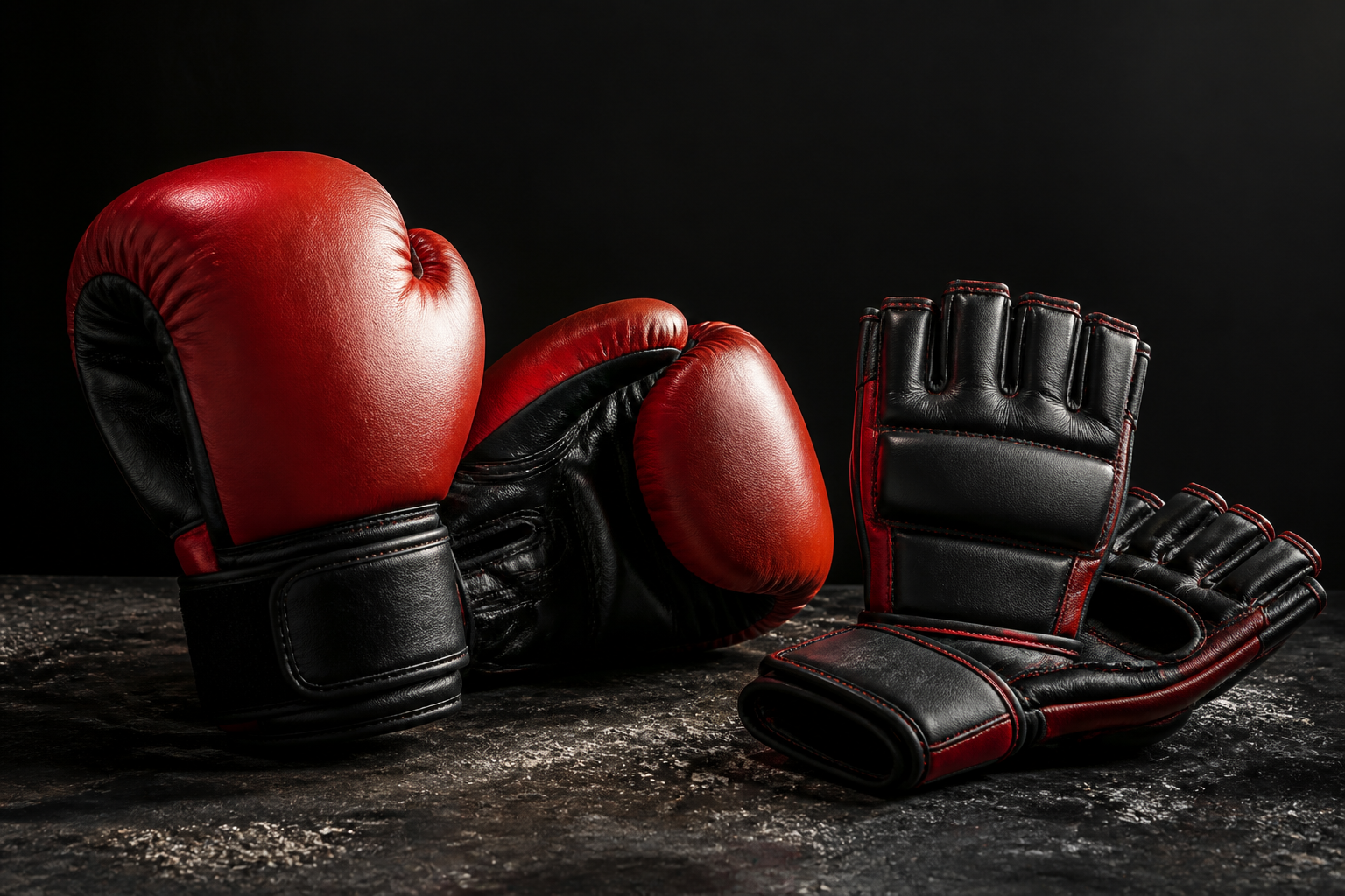 Red and black custom boxing and MMA gloves on a dark studio surface