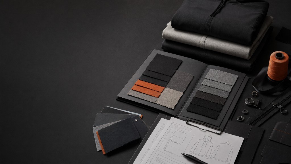 Fabric swatch book and printed tech pack ready for approval