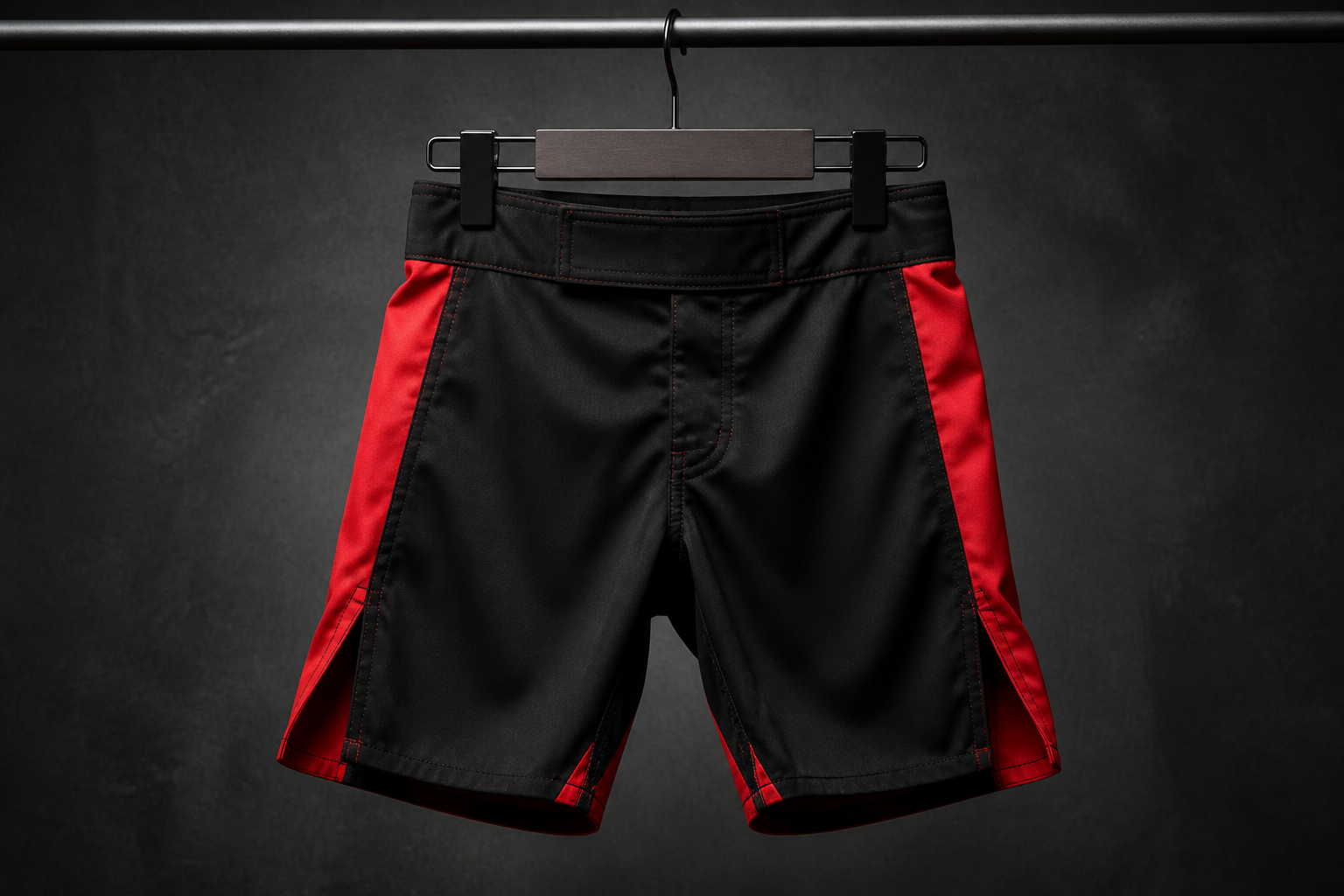 Black MMA fight shorts with red side panels