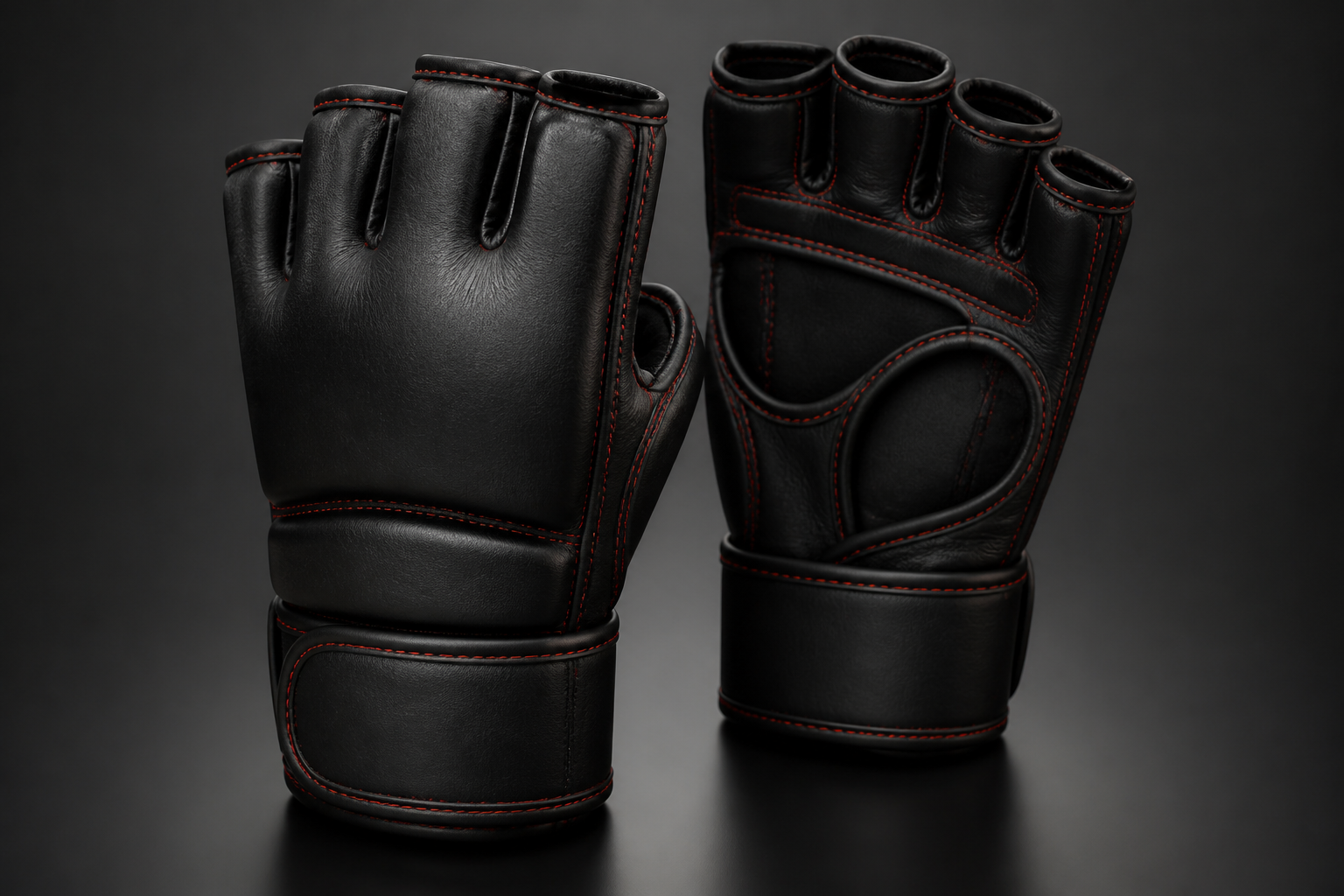 Black MMA training gloves with red stitching