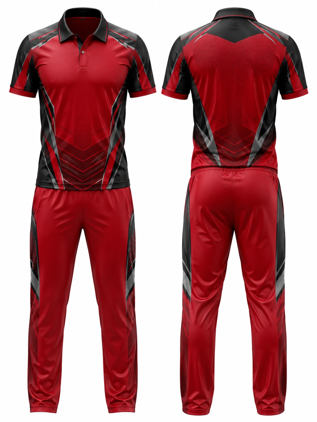 Custom Cricket Red And Black Geometric Athletic Uniform manufactured by Deer Fight Gear